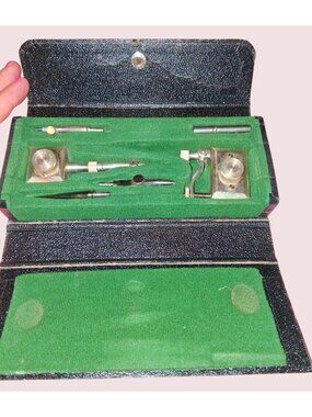 Vintage Drafting Tool Set In Black Hinged Case With Green Velvet Interior Includ